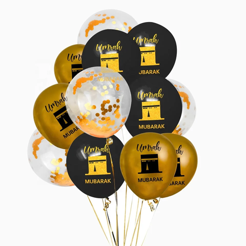 Pack of 12 Umrah Mubarak Balloons Confetti, Gold & Black Balloons