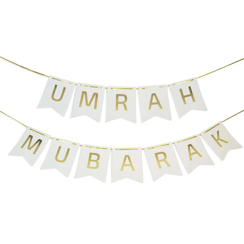 Umrah Mubarak White / Gold Pennant shaped Bunting Banner