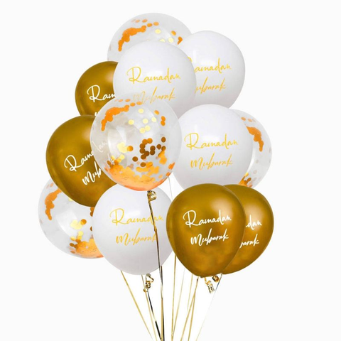Pack of 12 Ramadan Mubarak Balloons Confetti, white & Gold Balloons