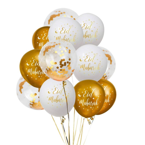 (2 colour designs available) 12 pack Eid Mubarak Balloons White or Black with Gold and Confetti Balloons