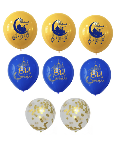 Eid Mubarak Balloons set ,pack of 8, Gold,blue & confetti - ribbon included