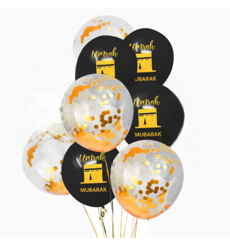 Pack of 8 Umrah Mubarak Balloons Black & Confetti Balloons