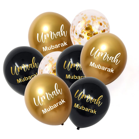 Pack of 8 Umrah Mubarak Balloons Confetti, Gold & Black Balloons