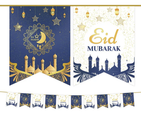 Midnight Blue Eid Mubarak Bunting Banner Blue and White