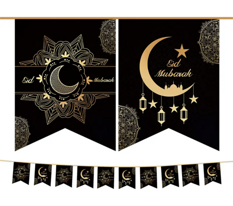Black Crescent Moon Eid Mubarak Bunting Banner geometric