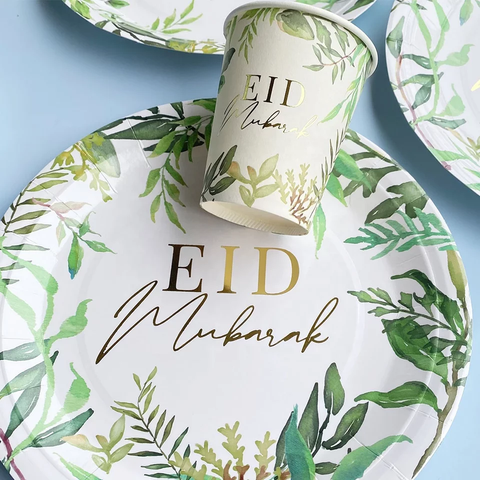 Botanical themed Eid Mubarak paper Cups & Plates set tableware dinner