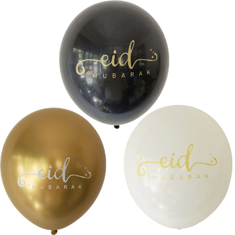 Eid Mubarak Balloons pack of 6, 12 inch in Gold, Black and white