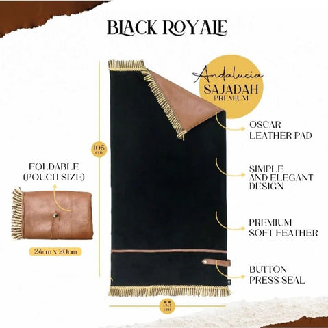 Andalucia Black Royale Foldable premium Portable Prayer Mat Set Leather Backed