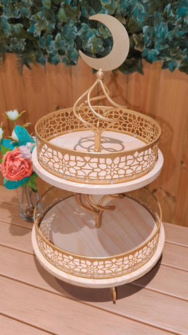 2 Tier wood & Metal tray cake stand Arabian design - Golden Souq Collection