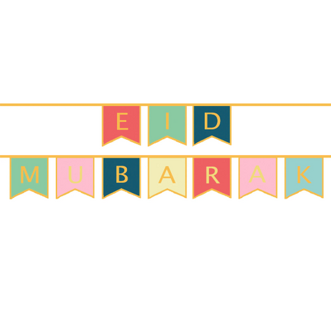 Gold Foil Eid Mubarak Coloured Letter Bunting - 10 Bunting Flags